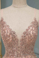 Glamorous Long A-line Sequins V-Neck Open Back Evening Prom Dress